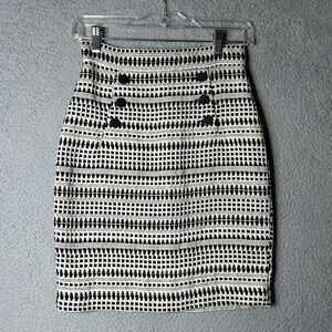H&M Skirt Womens 4 Black Cream‎ High Waist Tweed Lined Striped Mini Skirt